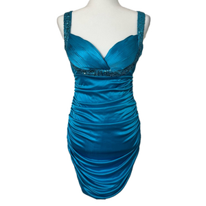Y2K Women’s Babydoll Empire Waist Ruched Sequin Bust Bodycon Teal Dress 9 Sexy